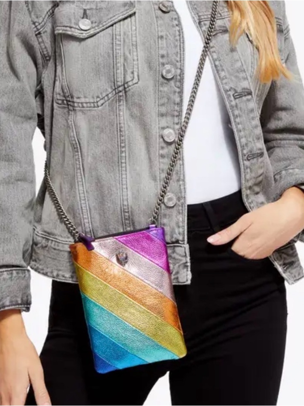 Kurt Geiger London Kensington Metallic Rainbow Phone Crossbody Bag chain concert